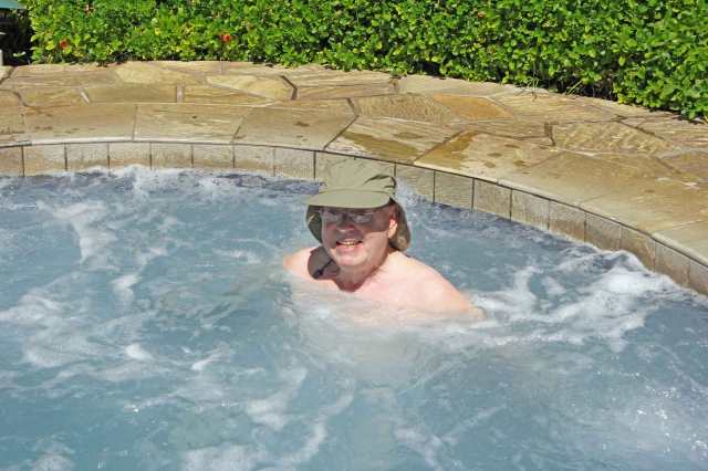 Here's Dad in the hot tub at our resort.  Actually, there are two hot tubs -- one for family use and one very hot one for adults only.  This is the hot one!
